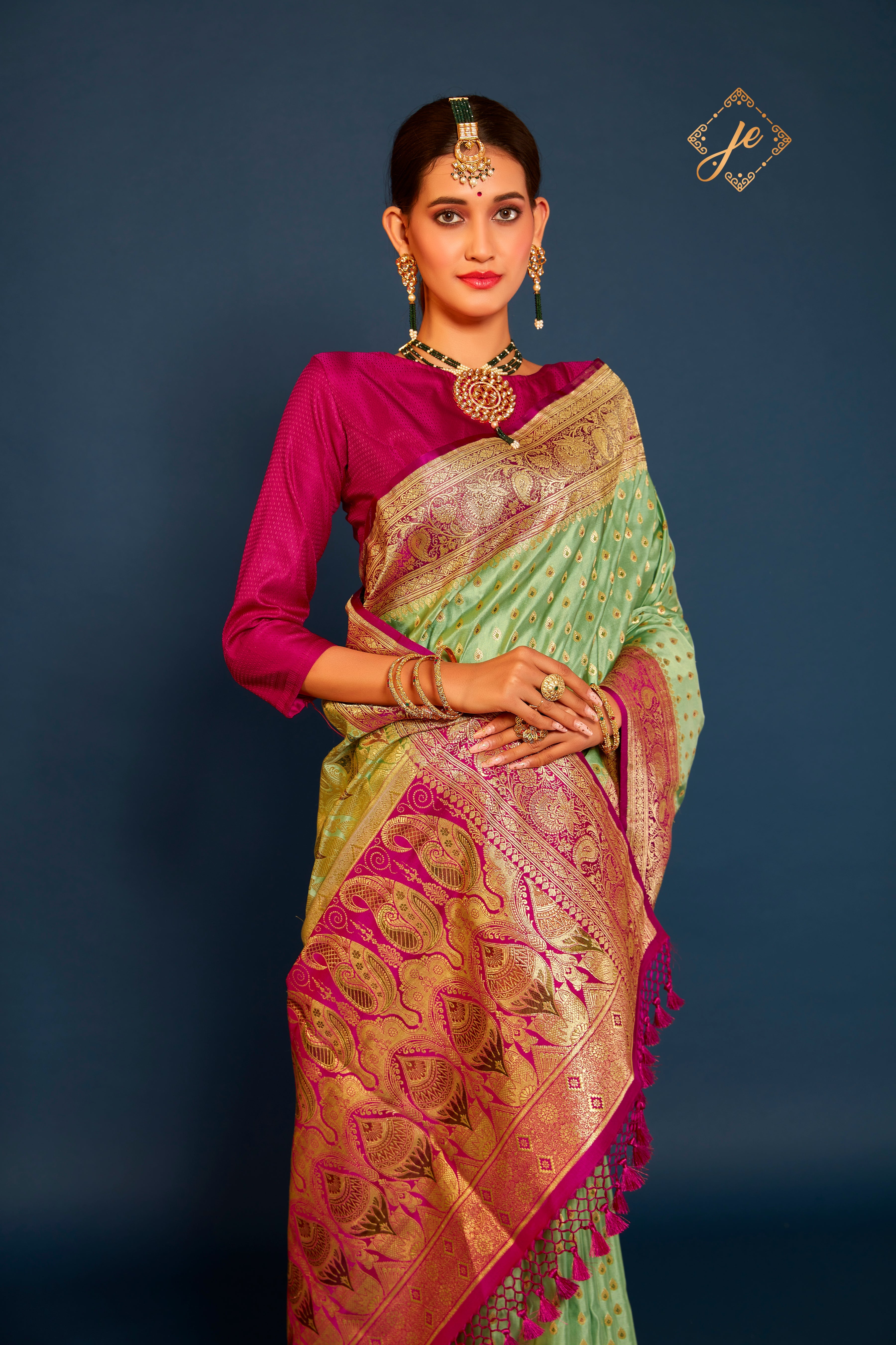 Mint Green Satin Silk with Contrast Border Meenakari Banarasi Saree