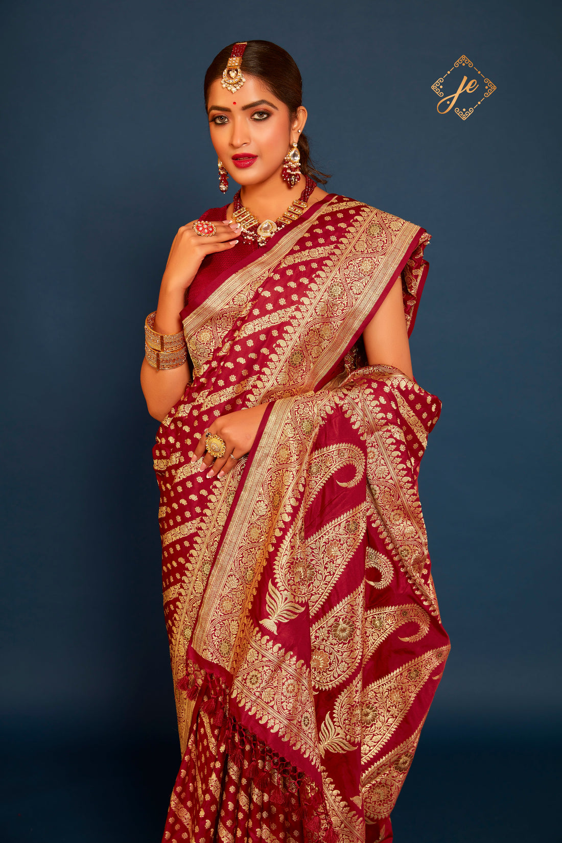 Maroon Pure Satin Silk Meenakari Border Leheriya Banarasi Saree