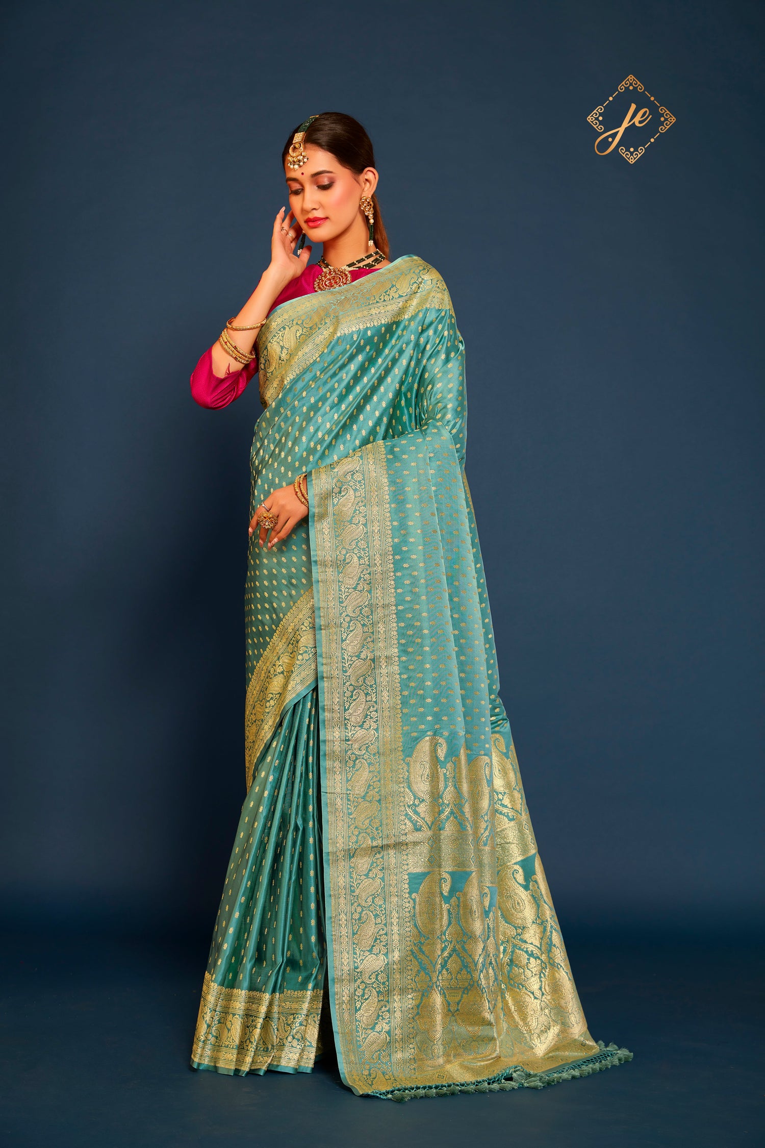 Turquoise Satin Silk Banarasi Handloom Saree