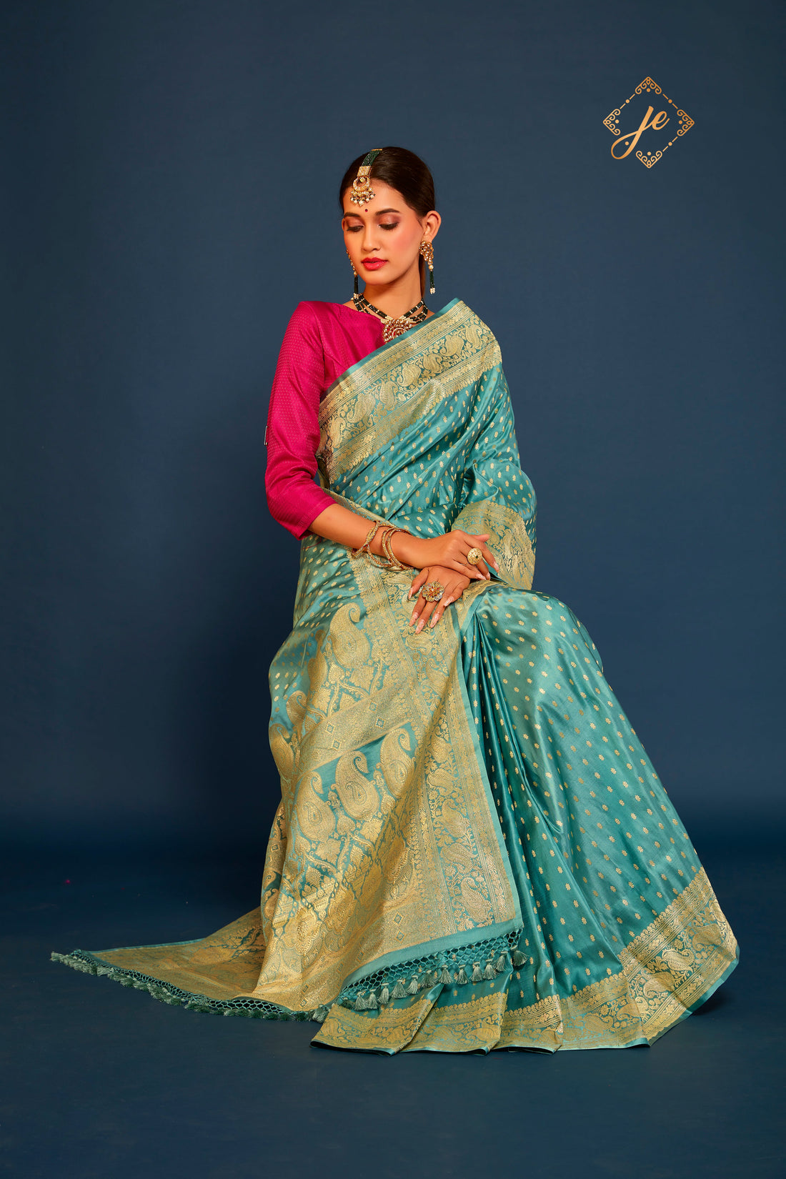 Turquoise Satin Silk Banarasi Handloom Saree