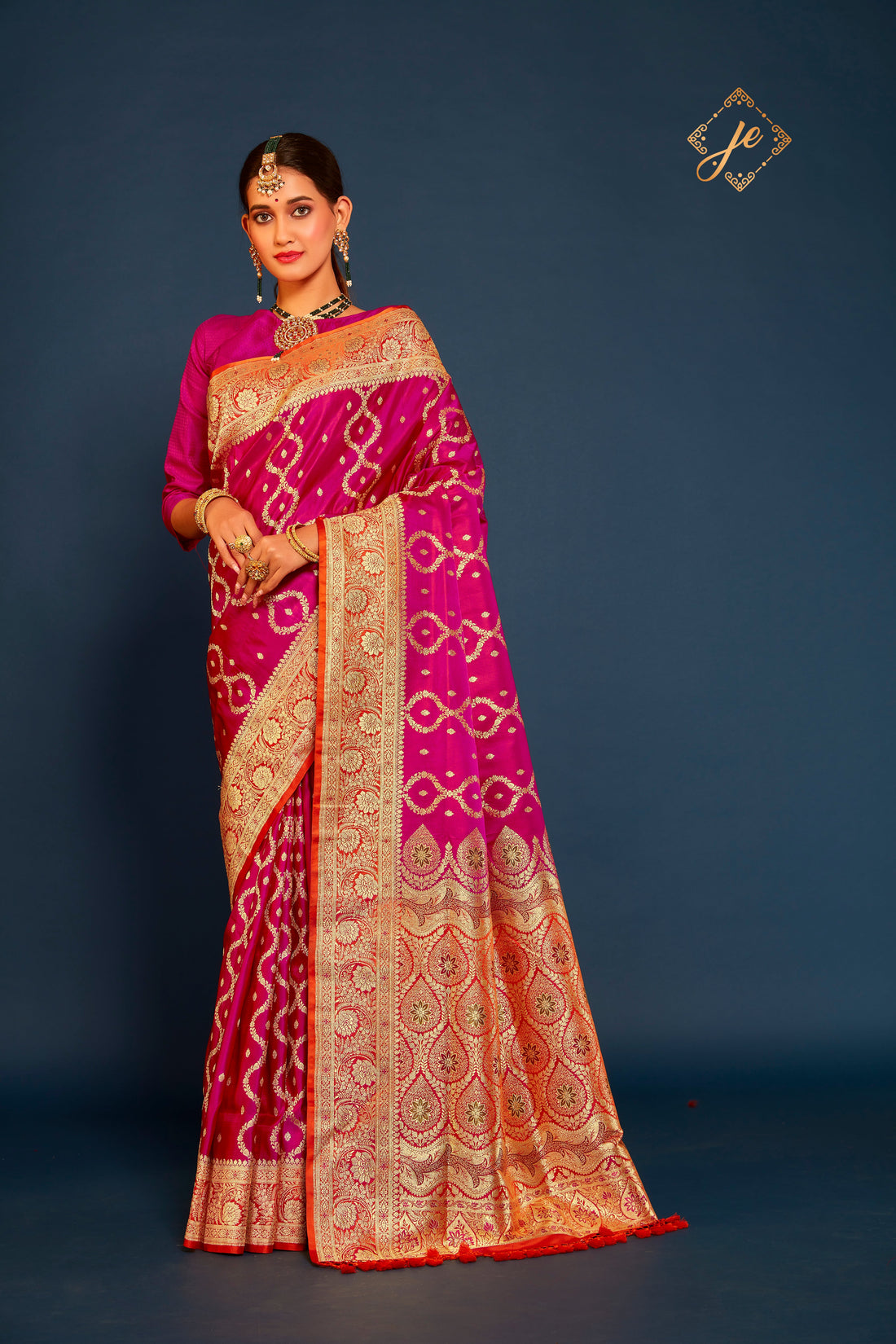 Rani Pink Satin Silk with Contrast Orange Border Banarasi Handloom Saree