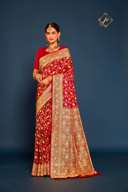 Shot Red Pure Satin Silk Jaal Banarasi Handloom Saree