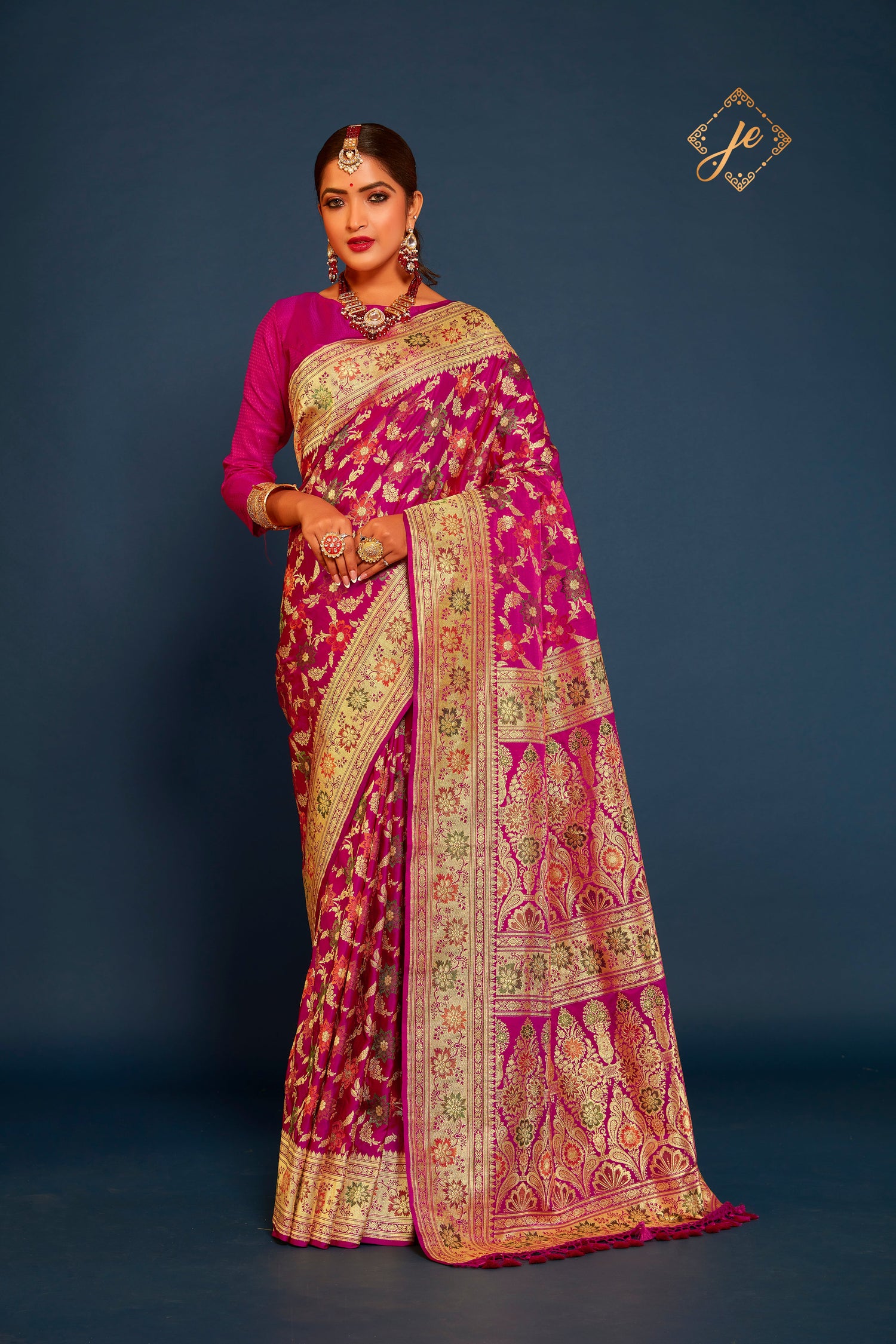 Rani Pink Pure Satin Silk Meenakari Jaal Banarasi Handloom Saree