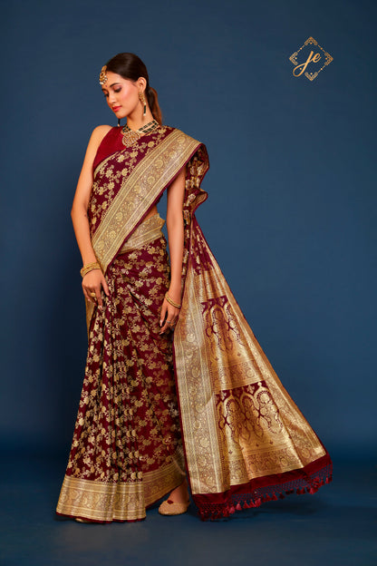 Garnet Pure Satin Silk Jaal Banarasi Handloom Saree