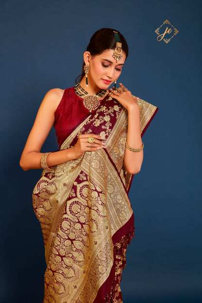 Garnet Pure Satin Silk Jaal Banarasi Handloom Saree