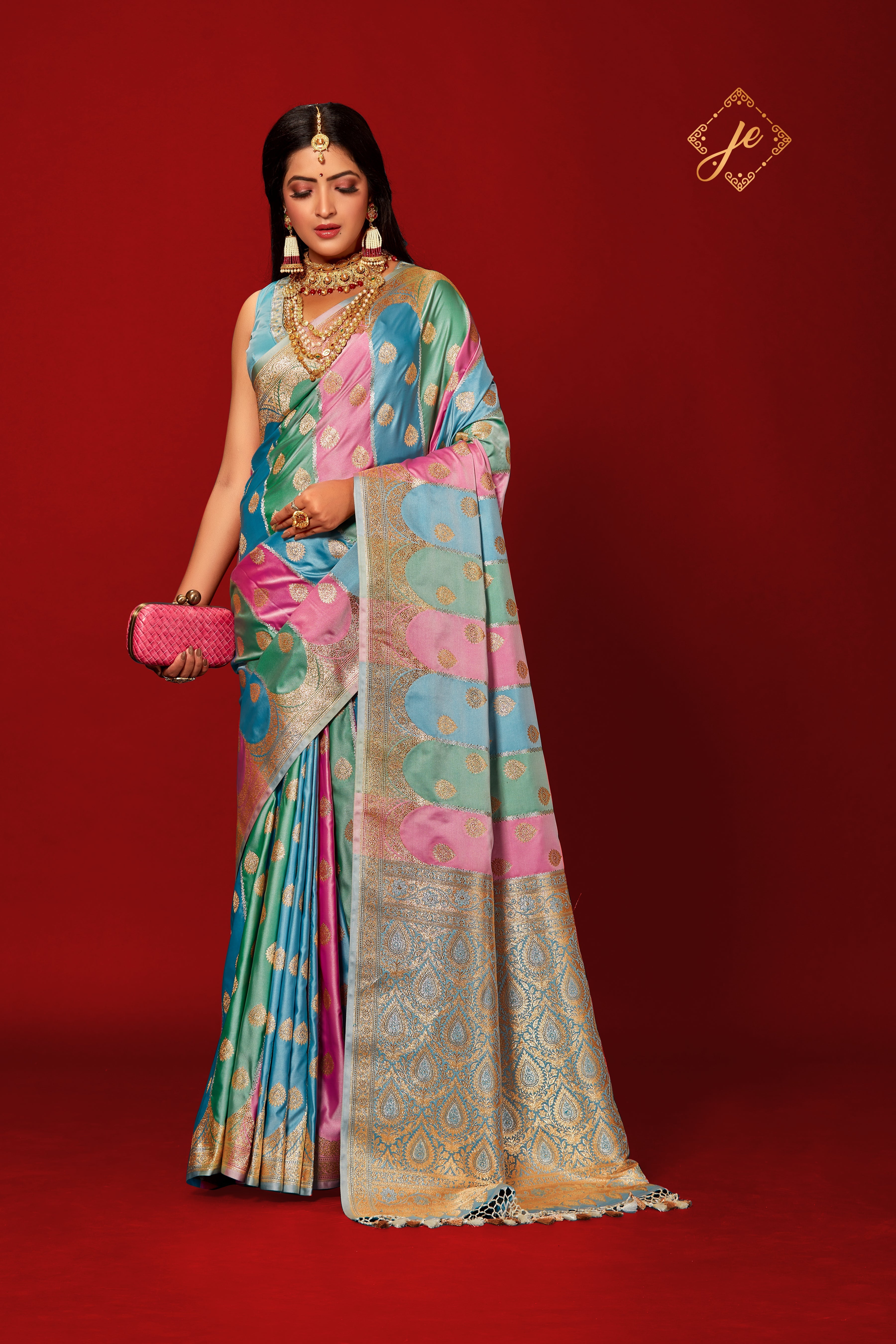 Firozi-Pink Satin Silk Rangkaat Banarasi Saree