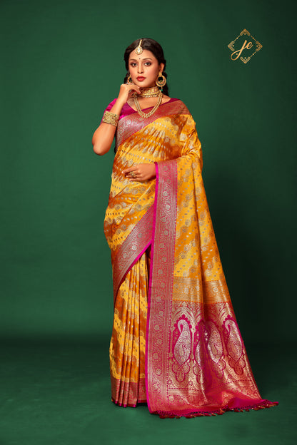 Mustard Yellow Satin Silk Rangkaat Banarasi Saree