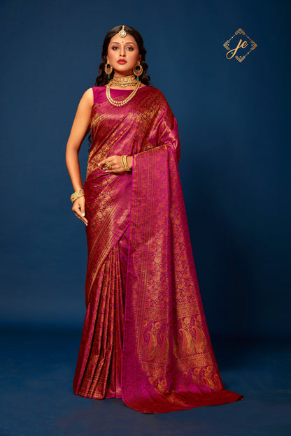 Dark Pink Satin Silk Jamevaar Banarasi Saree