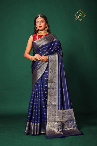 Navy Blue Striped Pure Silk Banarasi Saree