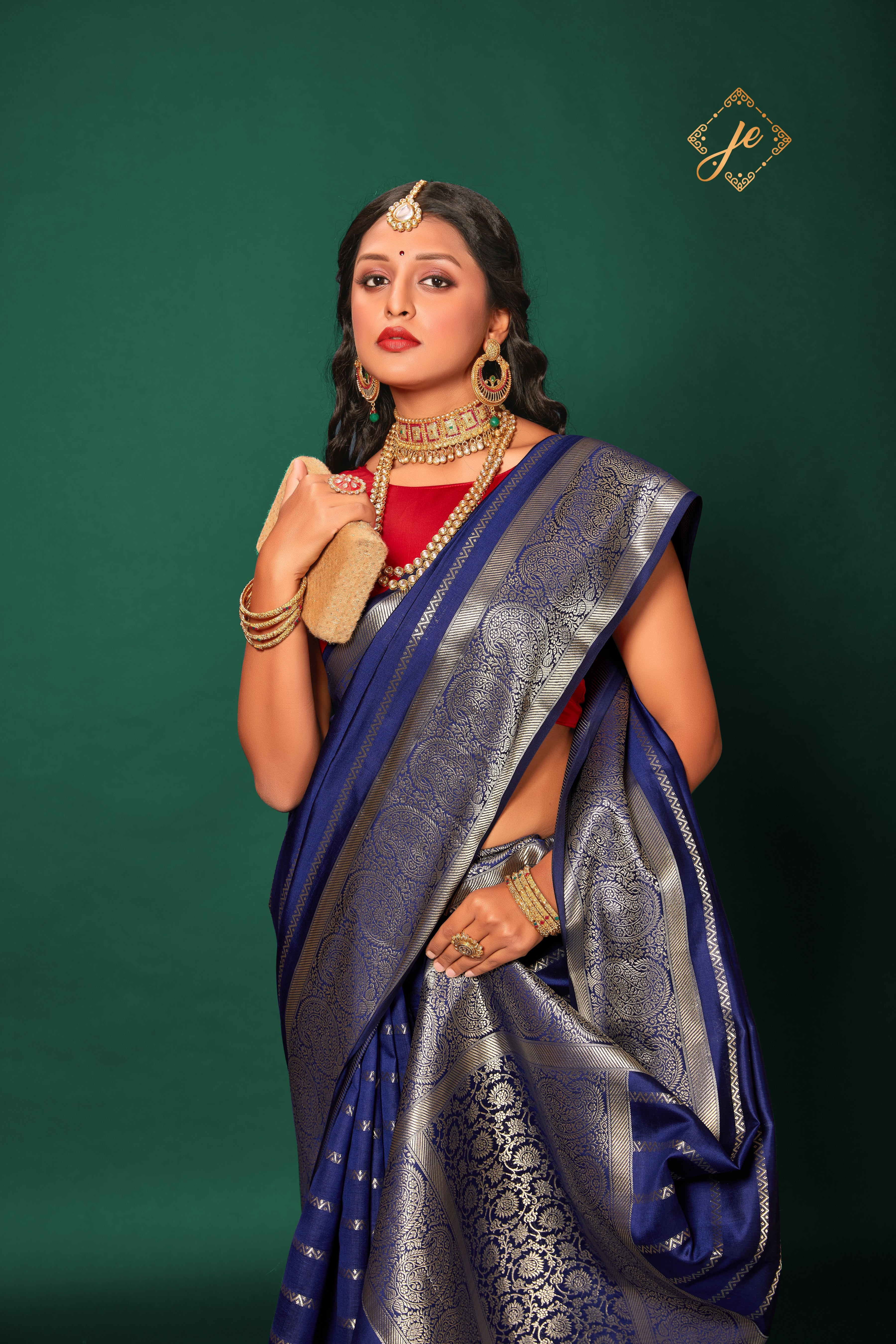 Navy Blue Striped Pure Silk Banarasi Saree