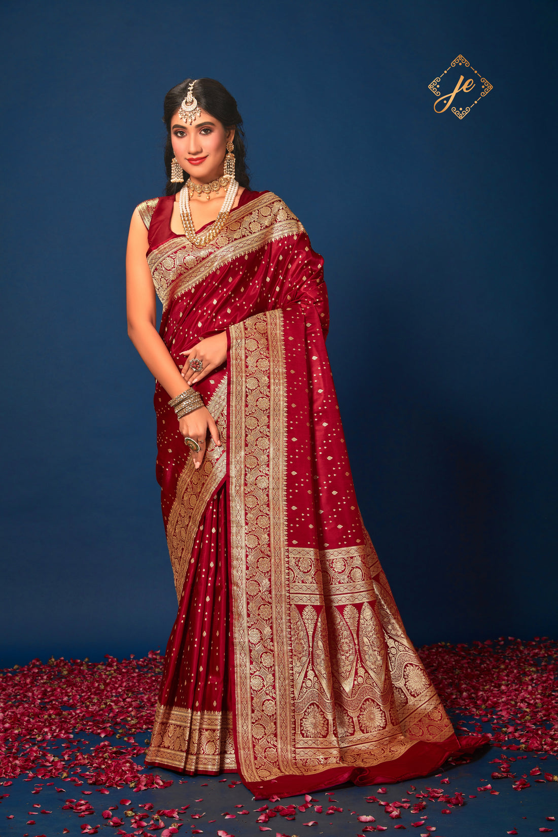 Maroon Satin Silk Leheriya Buti Banarasi Handloom Saree