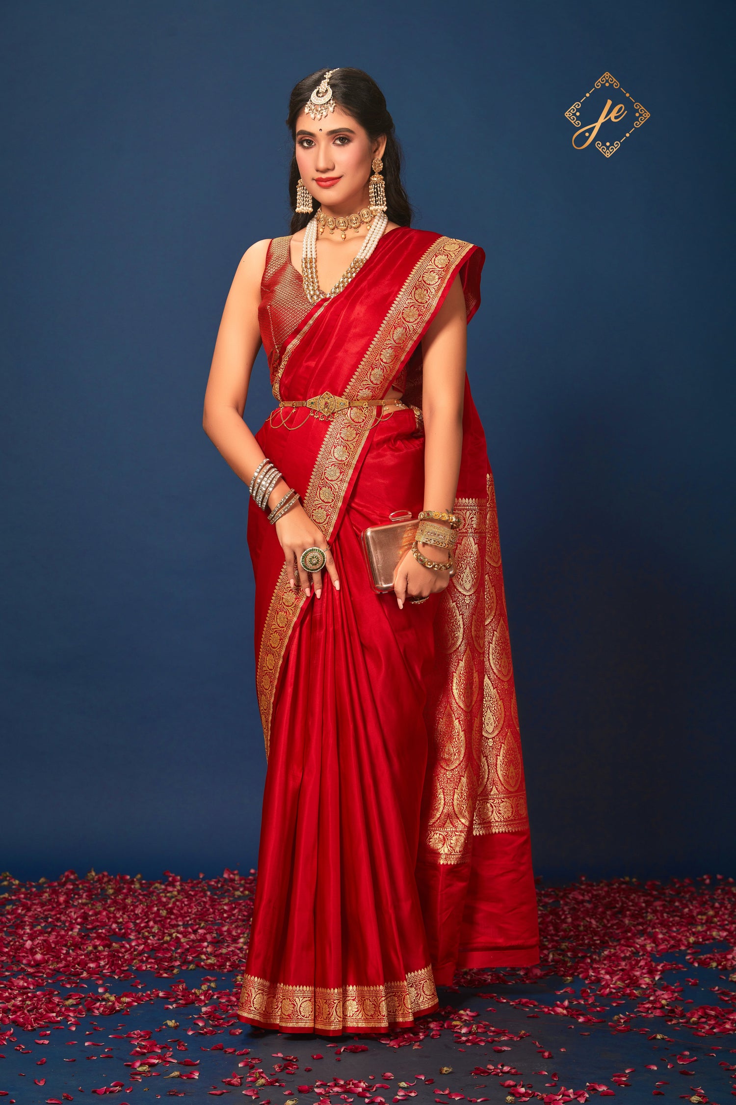 Red Satin Silk Plain Banarasi Handloom Saree